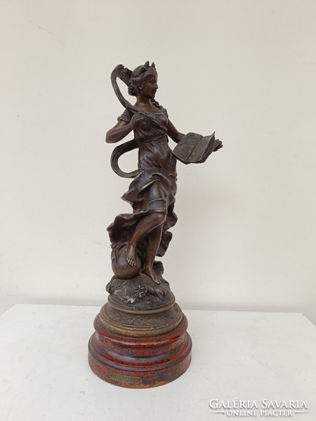 Antique patina painted spaiater girl statue allegory on wooden base 606 8581