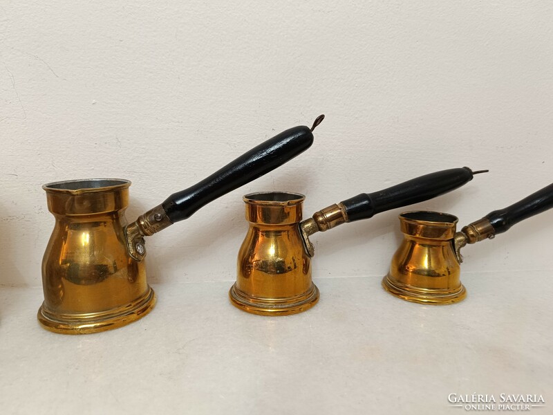 Antique Arabic kitchen tool tinned brass Turkish coffee pot with wooden handle 6 pieces 848 8507