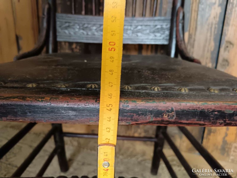 Carved, turned mid-19th century, perhaps Swabian hardwood chair, with leather seating surface, nice patina