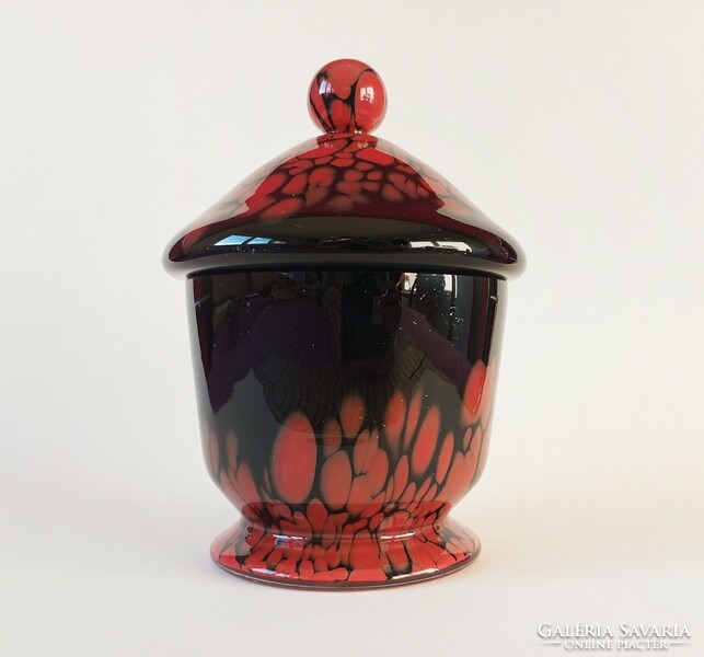Loetz art-deco fekete/vörös 'Tango' fedeles üveg doboz 1930s