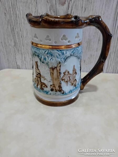 Royal dux Czechoslovak porcelain hunting beer mug with openwork rim, bait mug
