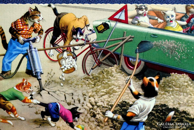 Old retro humorous graphic postcard cat - road repair, accident