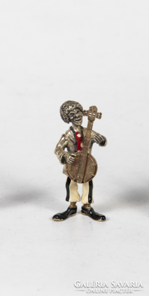 Ezüst miniatűr zenélő bohóc - bendzsóval