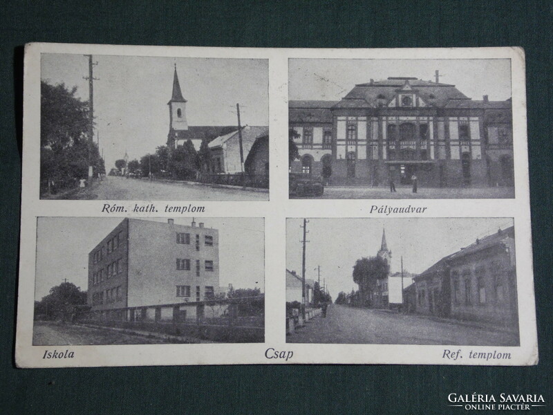 Postcard, pin, mosaic details, church, railway station, school, 1941