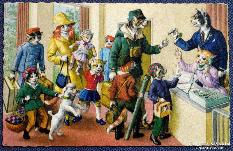 Régi retro humoros grafikus képeslap cica  család a szállodában