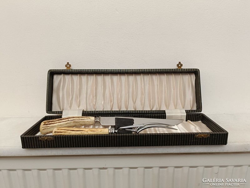 Antik vadász agancs nyelű hús szervírozó készlet húsvilla kés konyhai eszköz dobozában 844 8486