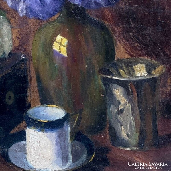 Molnár z. János: table still life with flowers and coffee cup f618