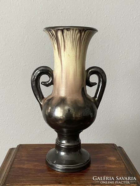 éva Bod retro ceramic vase with painted handles 34 cm