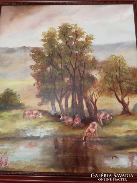 E. Bártfay's oil painting - cows on the waterfront HUF 35,000