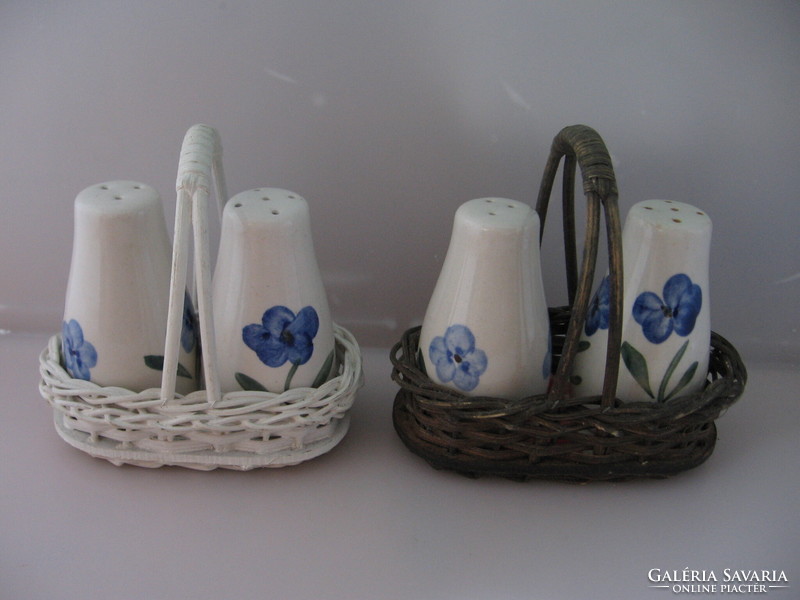 Retro stoneware blue floral salt and pepper shaker in a basket, table spice holder set