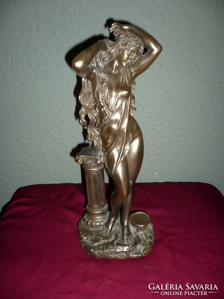 Női bronz szobor, 29 cm.-s ízléses fürdő(?) erotikus női alak, 1 Ft.-ról