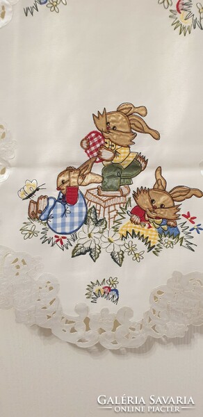 Easter off-white tablecloth, embroidered bunny, egg pattern 38x88