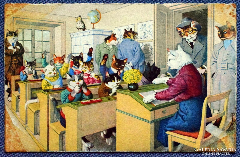 Old retro humorous graphic postcard cat school