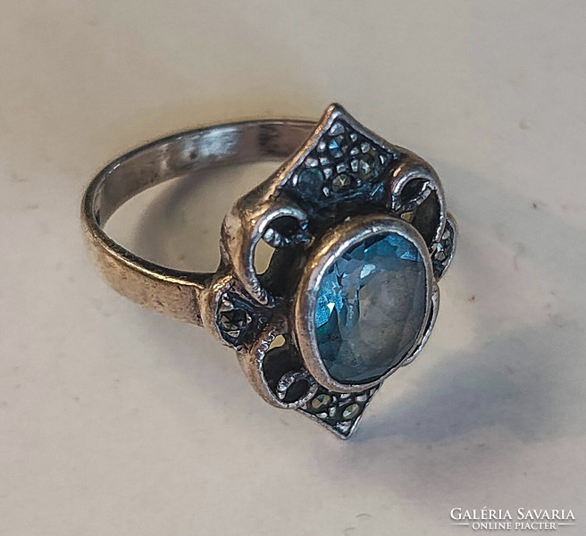 Antik markazit köves sterling ezüst gyűrű akvamarinnal