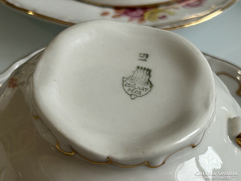 Zsolnay antik pajzspecsétes barokk rózsamintás porcelán teáskészlet