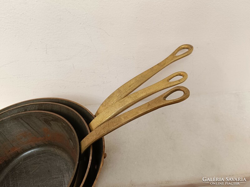 Antique kitchen tool with traces of tin plating, red copper pot, brass handle, set of 3 pieces 850 8505
