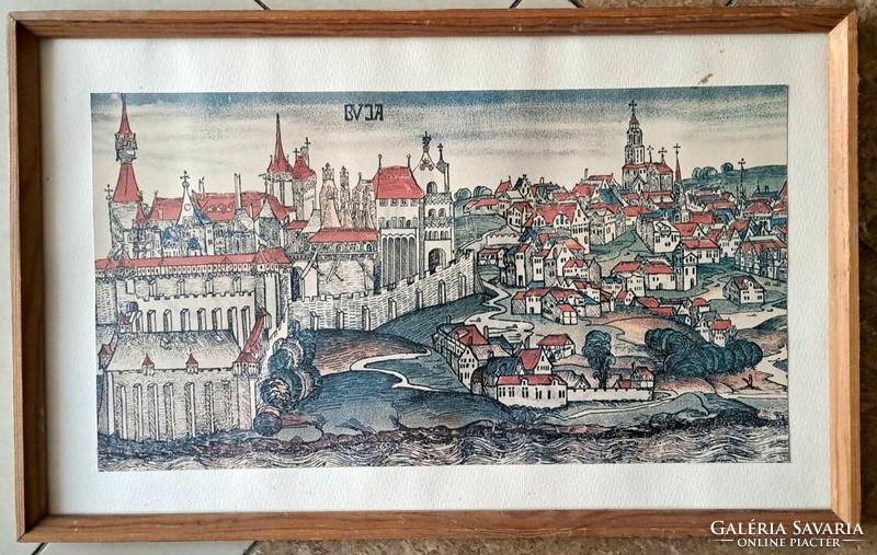 The view of medieval Buda. Museum copy with wooden frame. Size: 30x48 cm.