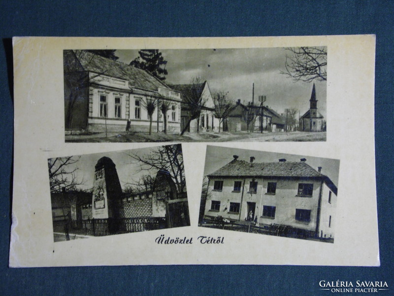 Képeslap, Tét,mozaik részletek, utca templom részlet,emlékmű,tanácsháza, 1955