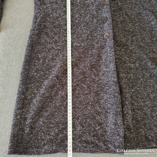 Long, gray hooded cardigan.