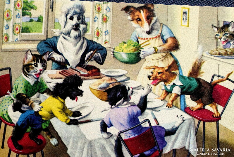 Old retro humorous graphic postcard cat and dog family having lunch together