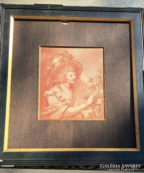 Antique French picture with glazed frame. Size: 38x36 cm. With original defective frame.