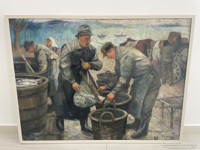 Somogyi Imre halászok Balaton szocreál tó vÍzpart horgászok festmény kép