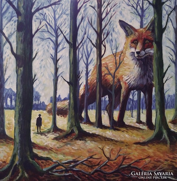 Guest in the forest c. Acrylic painting on lined canvas 50x50cm