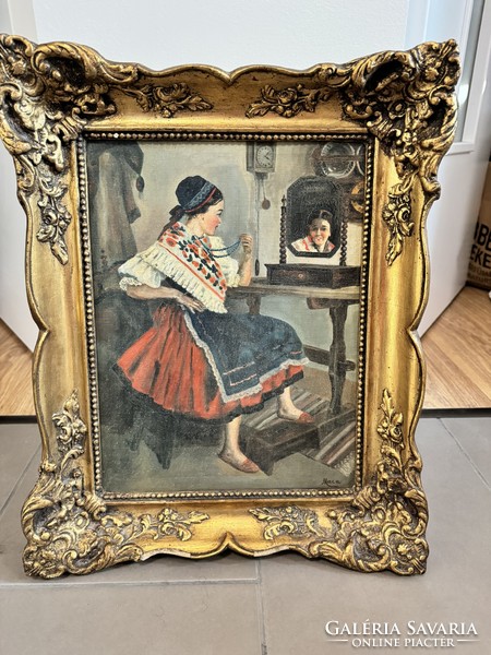 Young girl in folk costume, antique painting in blonde frame