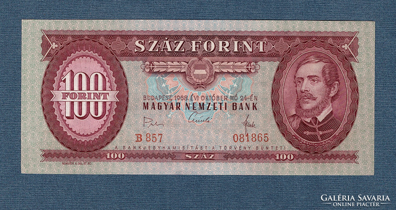 100 Forint 1968 EF László kis méretű aláírásával a Negyedik Kádár címeres "Piros százas"