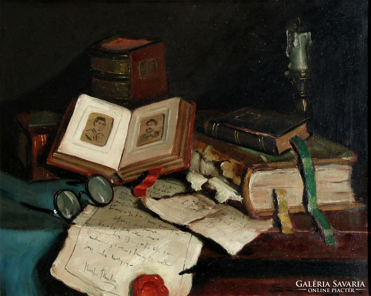 Aristide Szendy (1903-1972) table still life with books and photo album 50x60cm