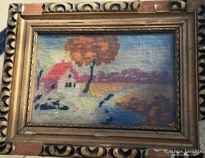 Antique needle tapestry with defective frame: house with stream