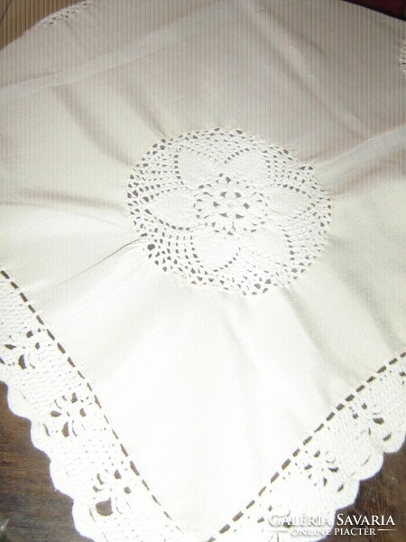 Beautiful handmade crocheted floral patterned butter-colored tablecloth