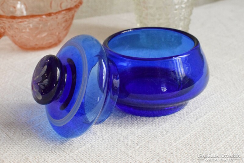 Old glass bowl, polished base, molded glass and patterned lid, parade blue 5.5 x 10.5 cm
