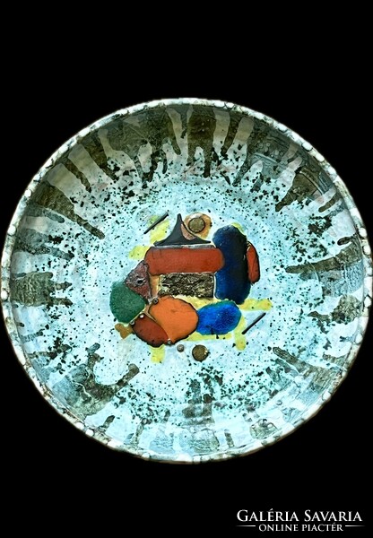 Hungarian retro samot decorative plate 36 cm marked, copper and fused glass decoration!