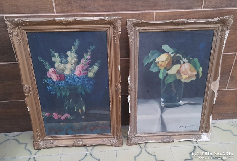 Molnár z. János oil-on-canvas still life in a pair - rose + gladiolus painting