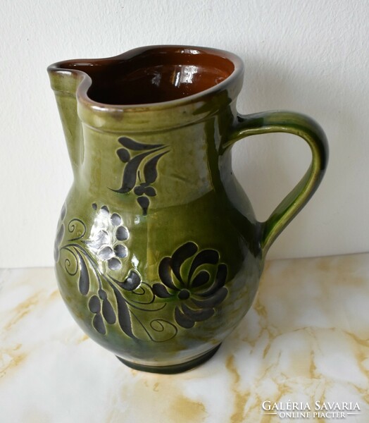 Mezőtúr folk ceramic glazed green jug, spout