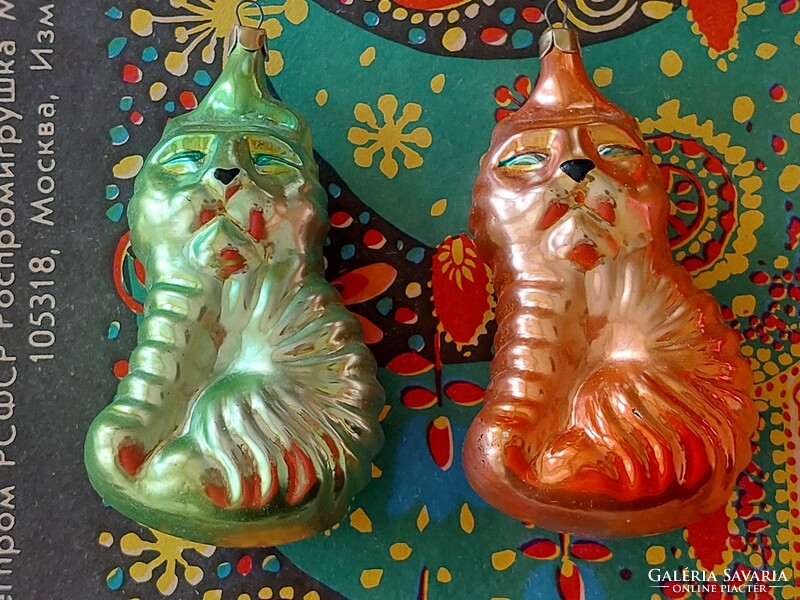 Régi üveg karácsonyfadísz orosz üvegdísz cica törpe mókus majom papagáj kos