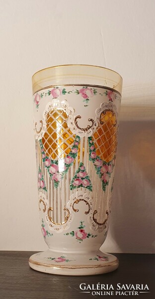 Zománc festett talpas üveg pohár (feltehetően 19. sz. végéről)
