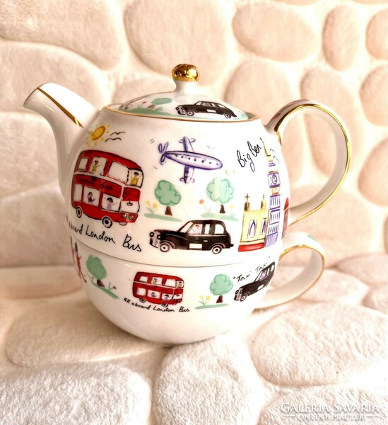 Gyönyörű kettő az egyben emeletes angol porcelán teás kanna és csésze. Új!