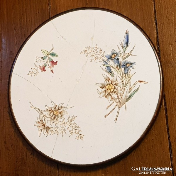 Antique earthenware small tray in a metal frame with snow grass decor