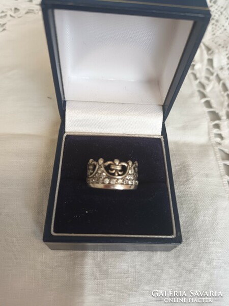 Old handmade silver crown-shaped ring with white zirconia for sale!