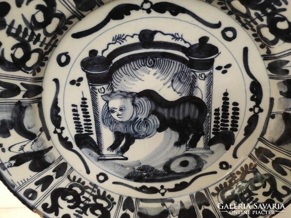 Antik zsidó delfti porcelán tányér tál oroszlán tóra tekercs judaika Delft 18. század 622 8683