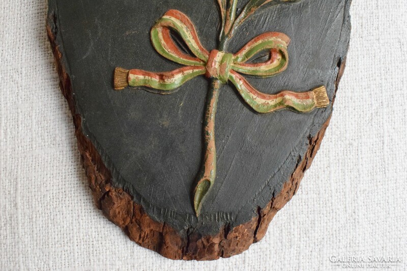 Antique carved, painted, wood memorial twisted cleft, Hungarian flag, flower carving 28x18.5x1.8 cm