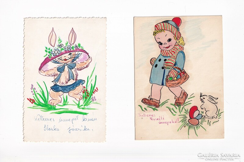 H:159 Kézzel rajzolt Húsvéti Üdvözlő képeslap 2db egyben