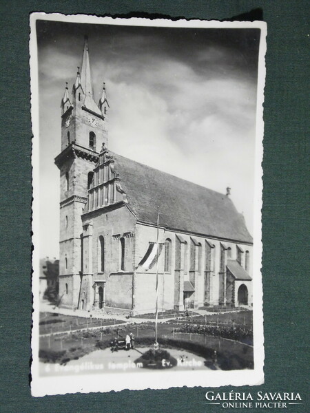Postcard, Beszterce, evangelical church view, national flag, 1942