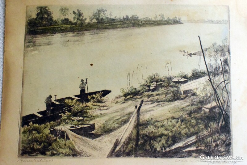 József Csáki-Maronyák, Varsa fishermen, colored etching 48 x 38 cm