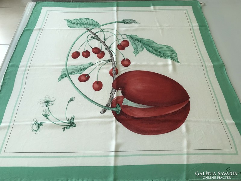 Vintage silk scarf with cherry pattern, Constanze brand, 84 x 82 cm