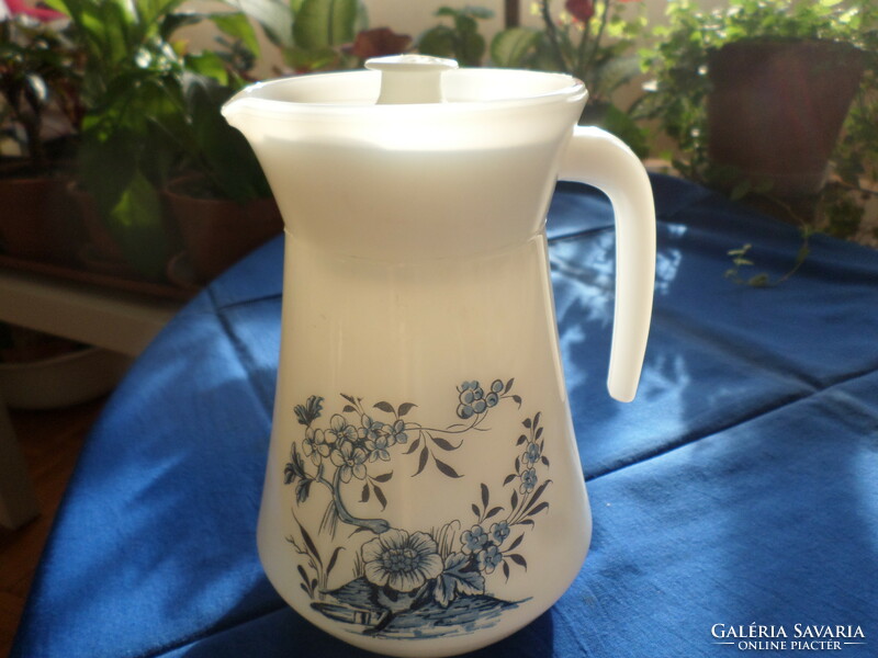 New! Blue flower patterned milk glass with jug/lid. Jena