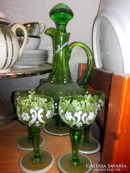 Vintage painted glass liqueur jug + 5 glasses - art&decoration