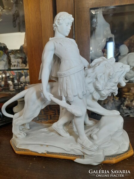 German, germany grafenthal unger, schneider & cie gladiator with lion bisquit porcelain figure. 25 Cm.